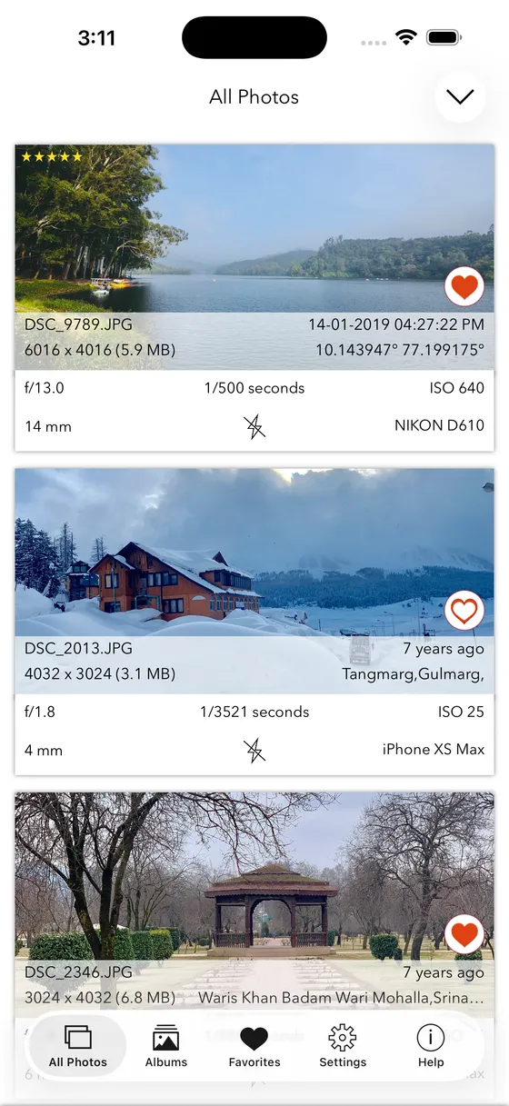 EXIF Viewer listing photos with camera, lens, aperture, shutter speed and ISO under each one