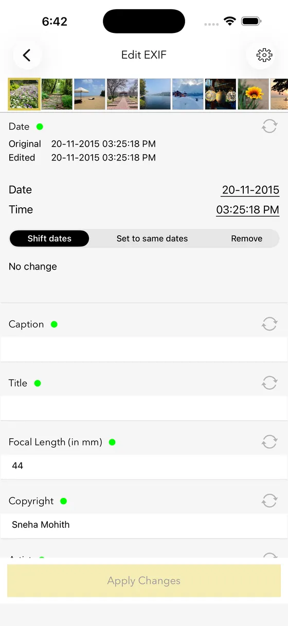 EXIF Viewer bulk-edit screen with date, time and location controls