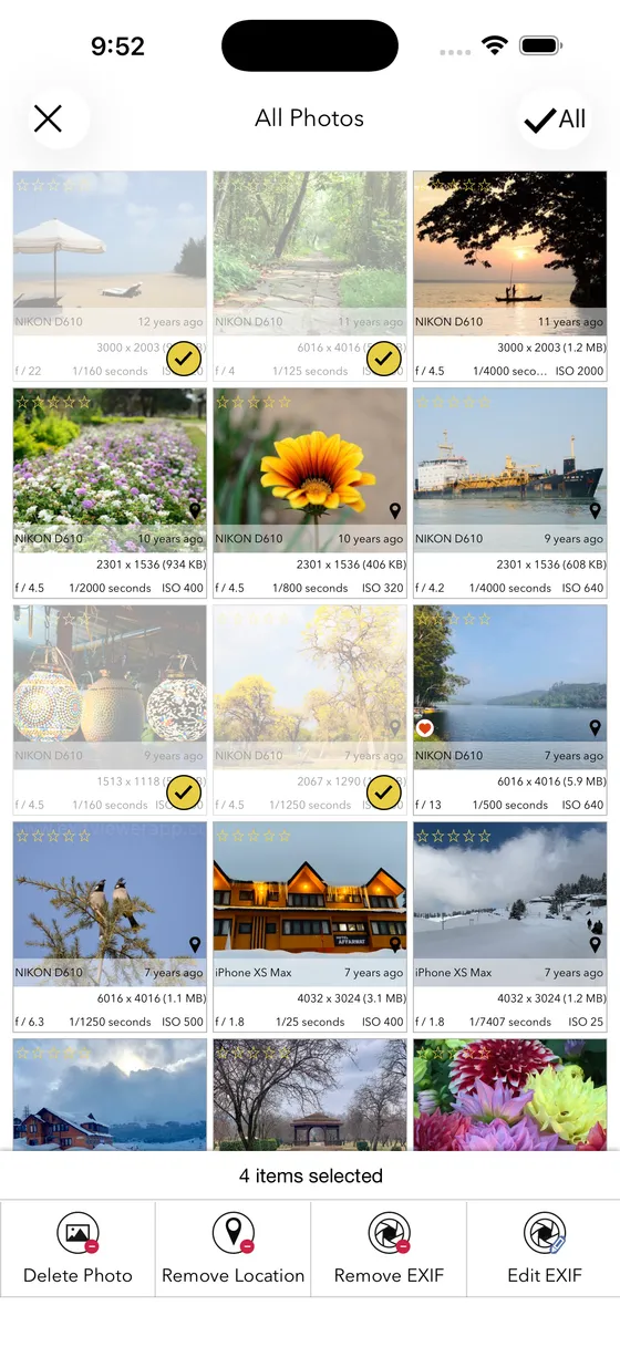 EXIF Viewer multi-select screen with Remove EXIF and Remove Location actions