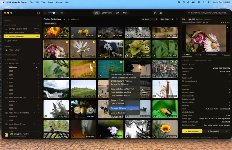 EXIF Viewer for Mac comparing several photos with their settings side by side